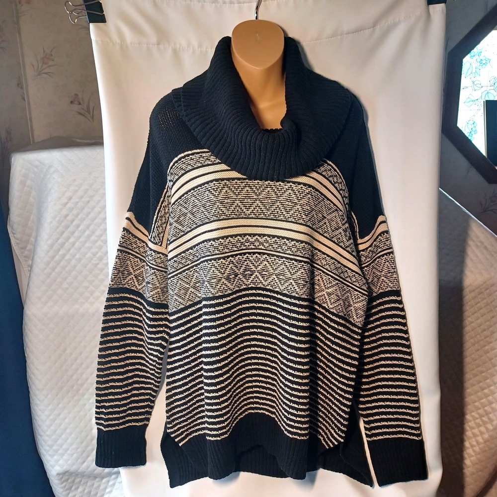 Maurices XXL Black Cream Fair Isle Cowl Neck Sweater High Low Hem Breathable